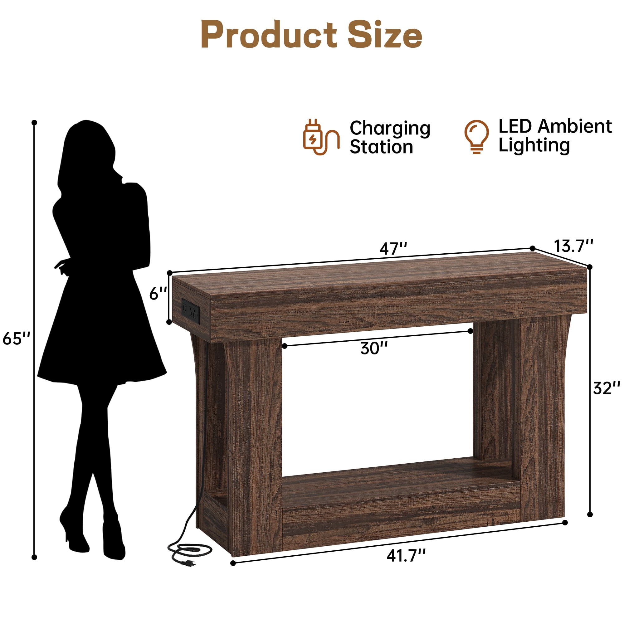 47" Long Console Table for Entryway with Charging Station, Wooden Foyer Hallway Table, Industrial Console Sofa Table for Living Room, Brown