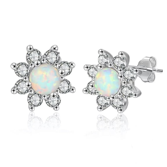 K-KED S925 Solid Sterling Silver Elegant White Fire Opal Zirconia Flower Stud Earrings