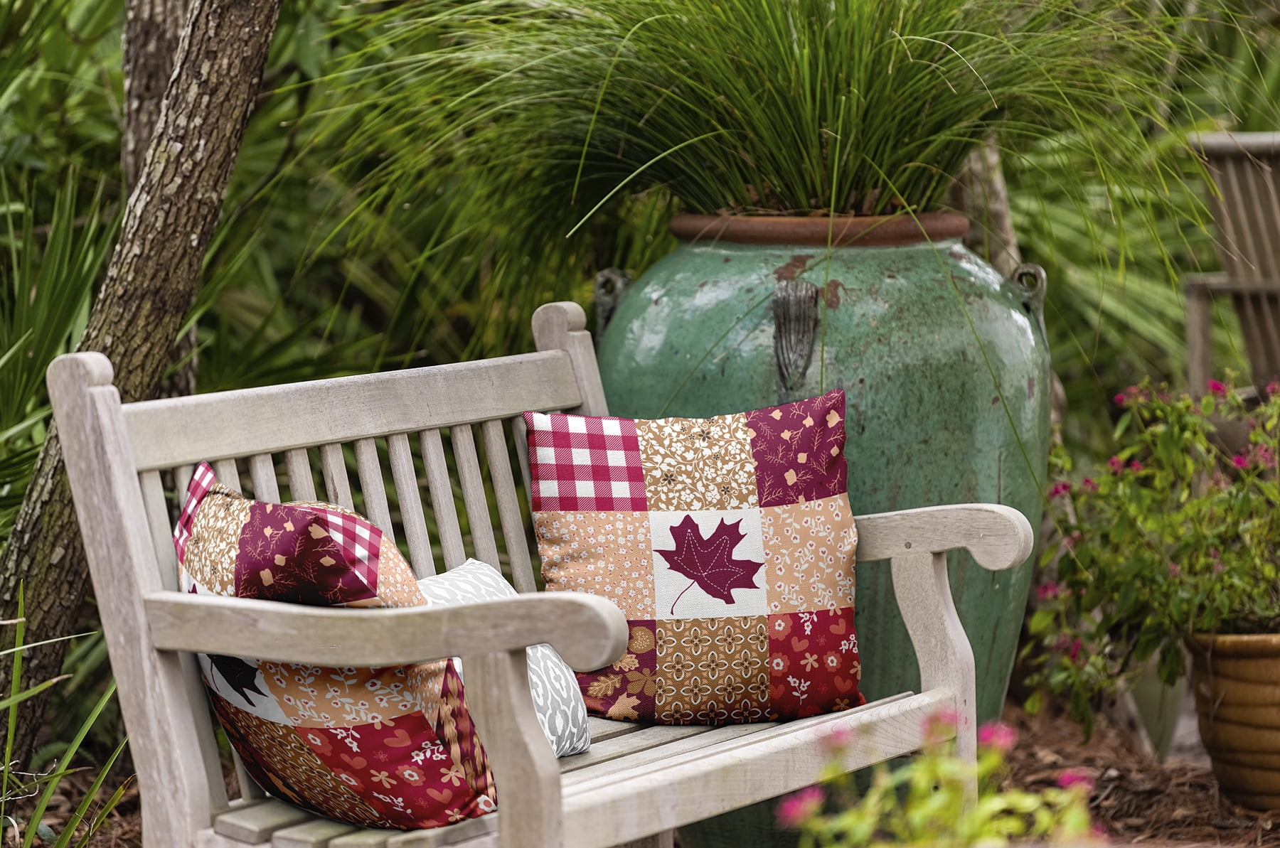16" x 16" Simply Daisy Printed Quilt Leaves Polyester Indoor/Outdoor Pillow, Fuschia Qty 1