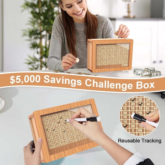 SplashSaveBox Wooden Piggy Bank for $5000 Savings Challenge Money Box with Counter - Brown Coin Bank for Boys and Girls - 7.9" x 5.7" Cash Vault