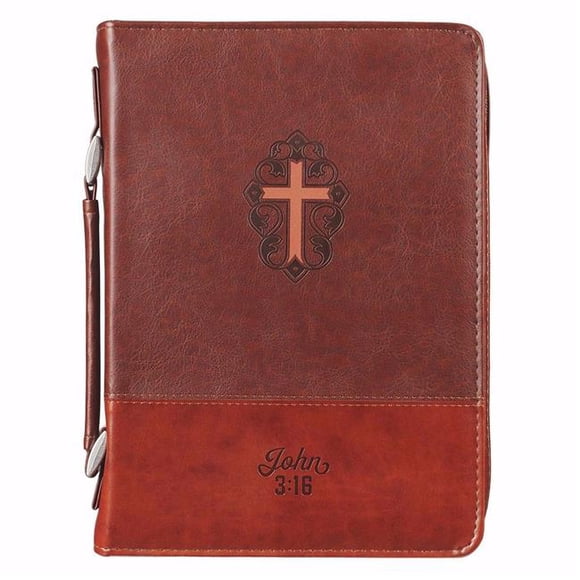 Cross & John 3-16 Classic Lux Leather Bible Cover, Brown - Large