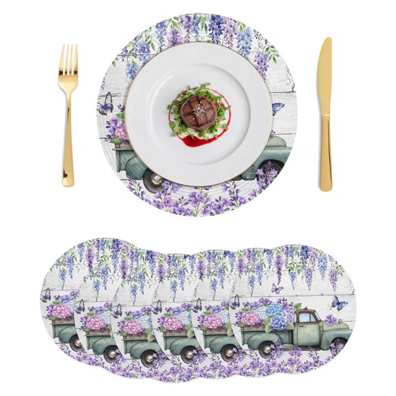 Round Placemats Spring Watercolor Floral 15 inch Set of 6 Table Mats for Dining Table Rustic Truck Flowers Butterflies Heat Resistant Non-Slip Kitchen & Home Decorative Place Mat Set
