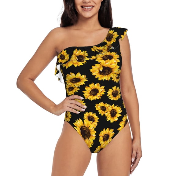 Qokaie Sunflower 6 Print Women's One Piece Swimsuits Tummy Control Bathing Suits Asymmetric One Shoulder Swimwear-