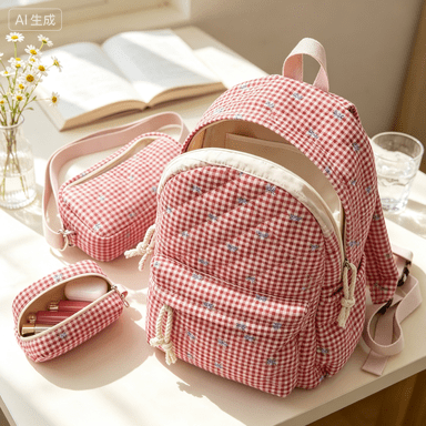 Quilted Gingham Pattern Three-Piece Backpack Combo, Cute Bow Decor School Rucksack, Matching Shoulder Bag & Purse for Teen Daily Commute