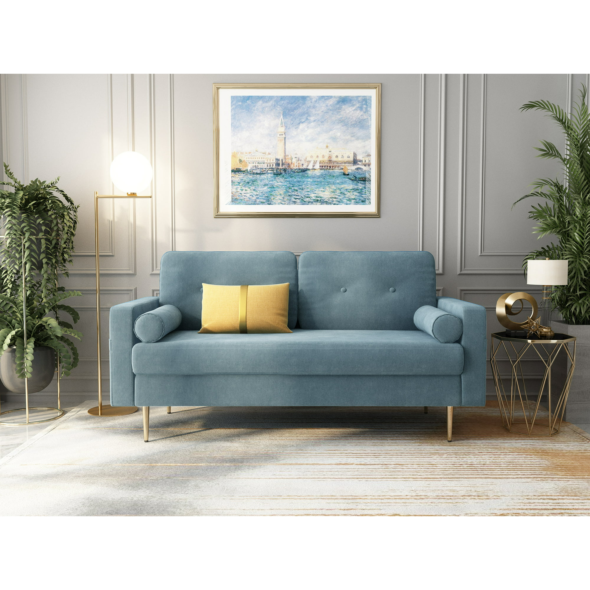 Sofa In A Box Real Velvet Modern Design 2 Seats Cozy Sofa Couch Includes Golden Legs And Two Comfortable Tufted Cushions Light Blue Steel Blue Available In 6 Colors Walmart Canada