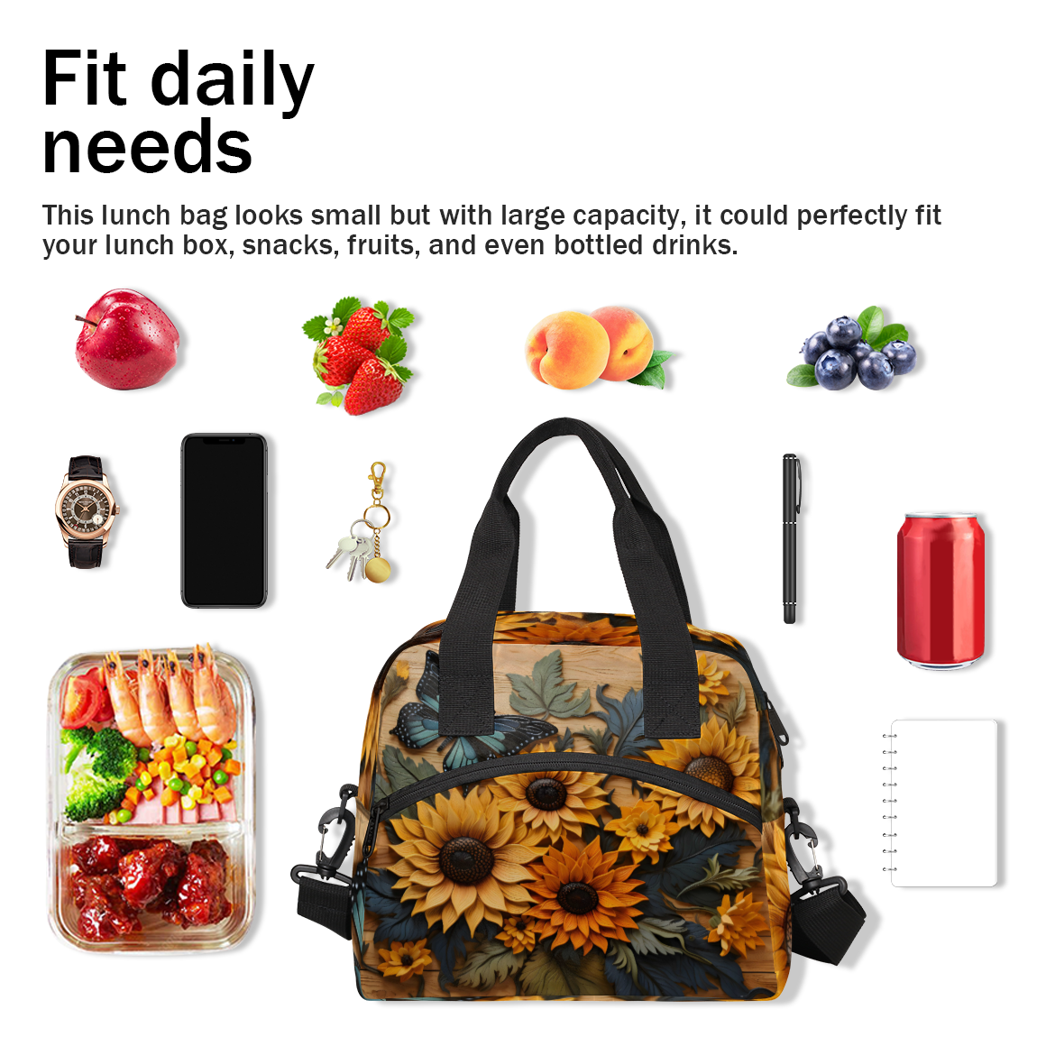 Herdesigns Sunflower Butterfly Insulated Lunch Bag for Women Men Adults Large Reusable Lunch Box Leakproof Portable Cooler Tote Bags with Adjustable Shoulder Strap