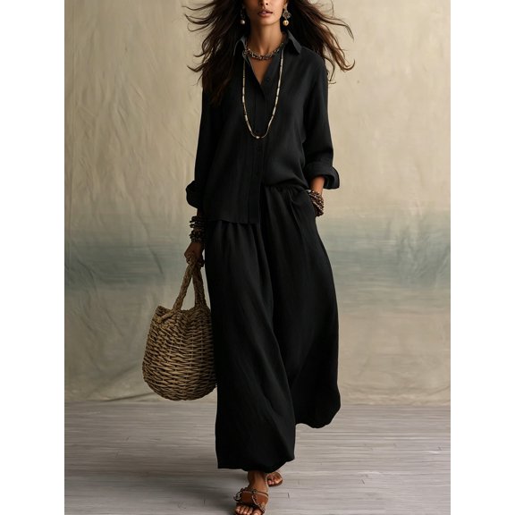 Women's Button down Shirt Wide Leg Pants Loose Set 2026 Elastic Waist Wide Leg Pants Breathable Casual Outfit with Pocket, S