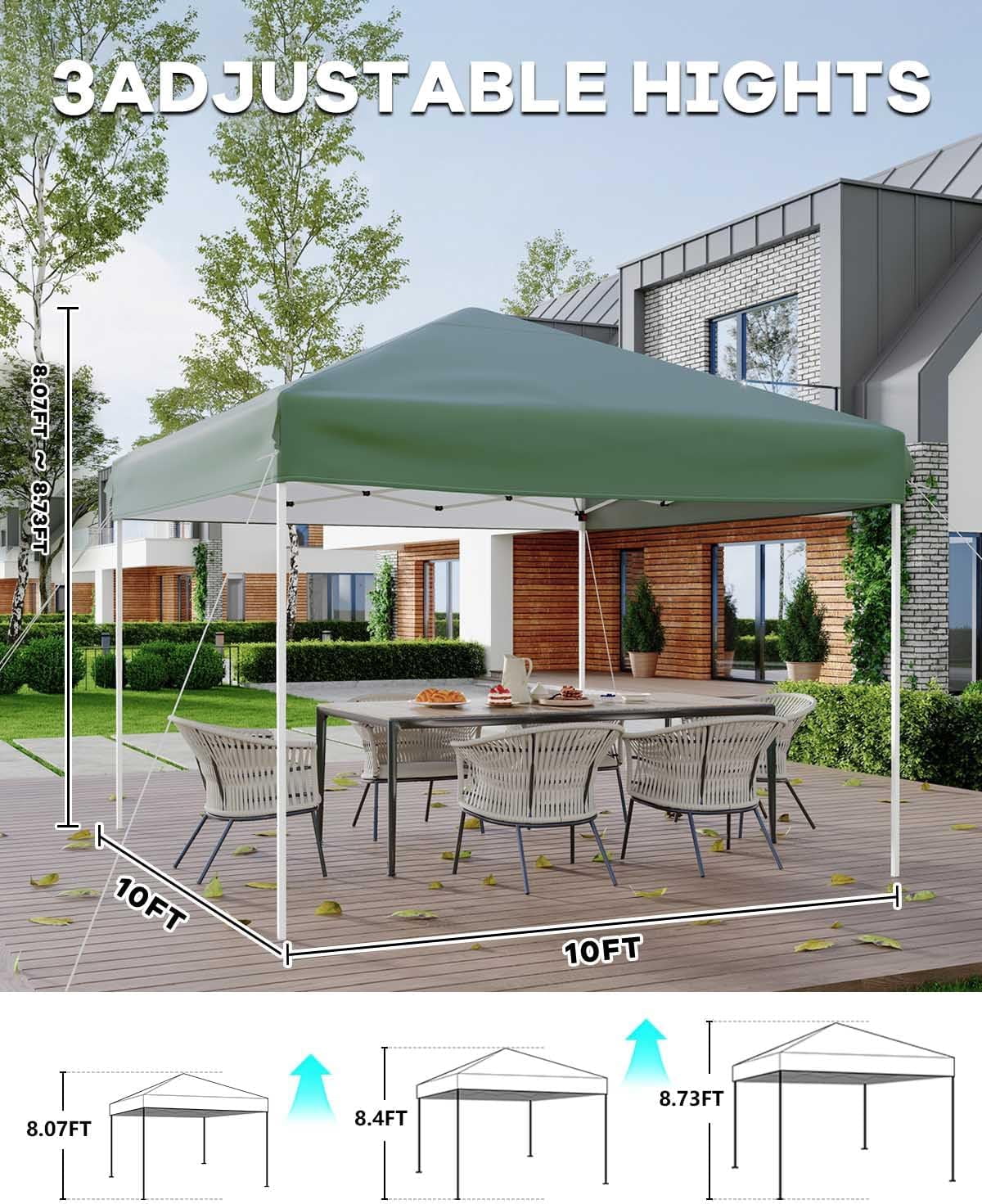10x10 Pop Up Canopy Tent, Outdoor Tent with 3 Adjustable Height, Easy Set Up Canopy with 4 Sandbags & Carrying Bag for Camping, Parties, Outdoor Events -Green