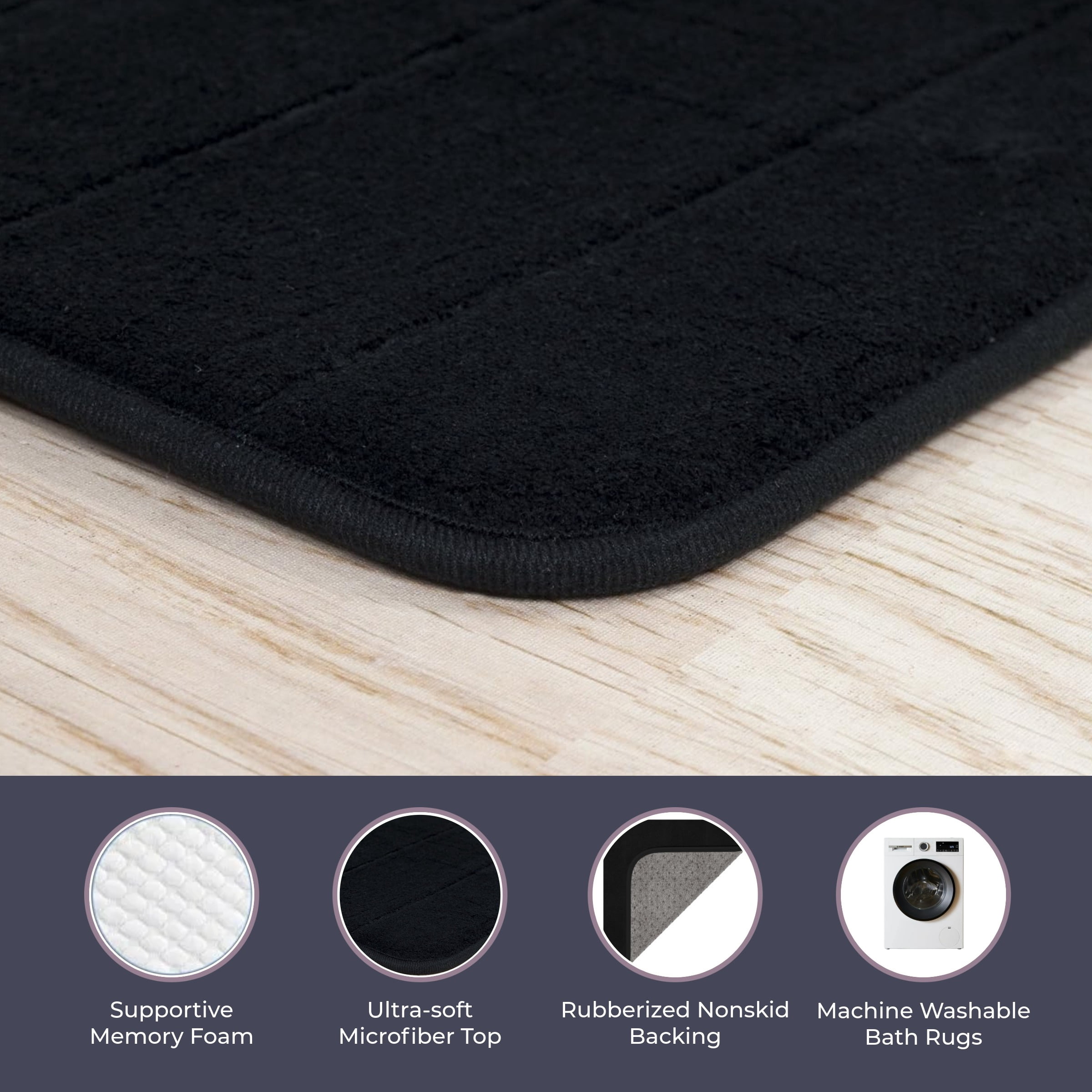 Lavish Home Set of 2 Bath Rugs – Non-Slip Memory Foam Bathroom Set, Black