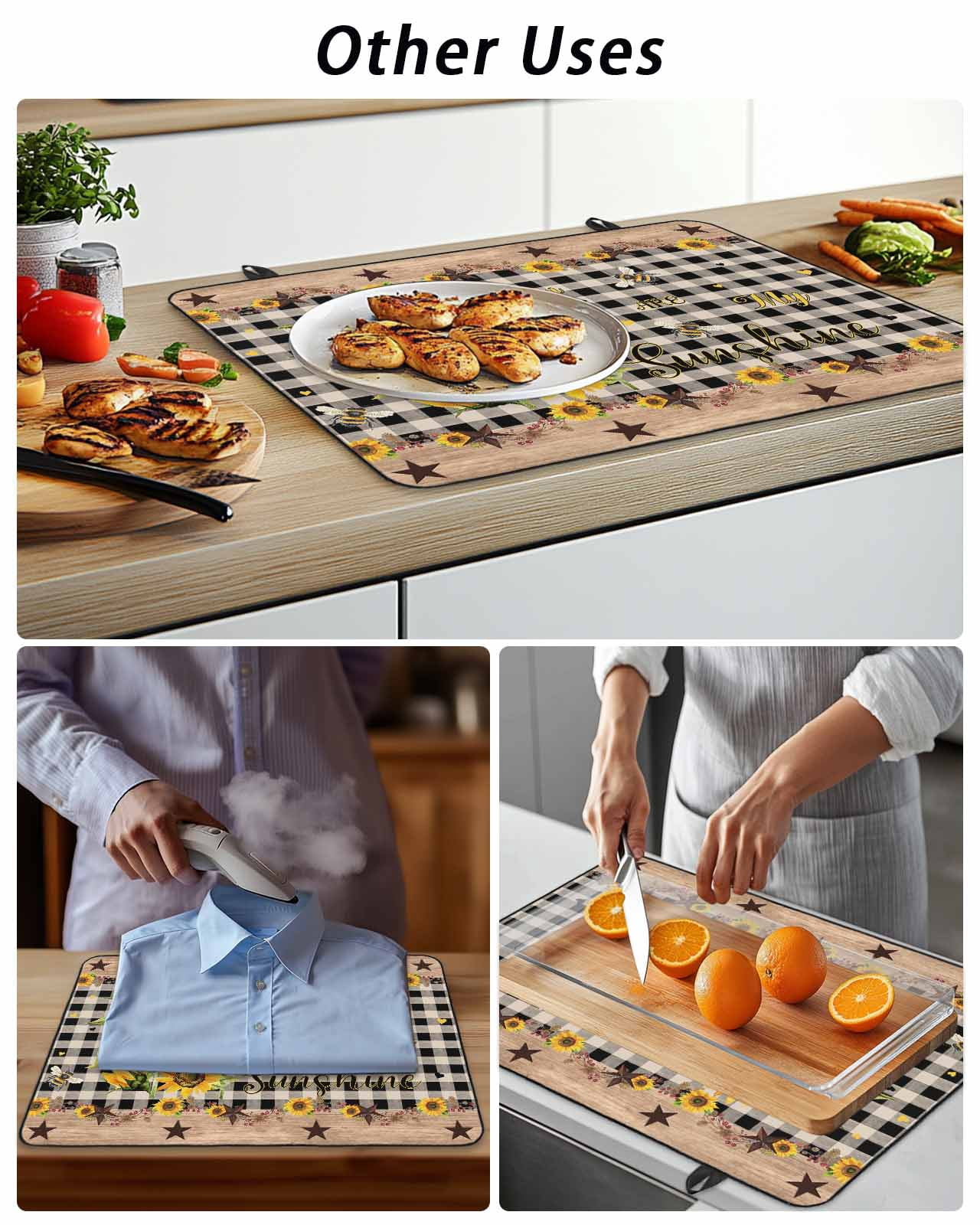Stove Top Covers for Electric Stove, Sunflower Plaid Glass Stovetop Cover Protector, Country Sunshine Star Vintage Bee Black Induction Cooktop Protector Oven Mat for Kitchen Countertop 24"x21"