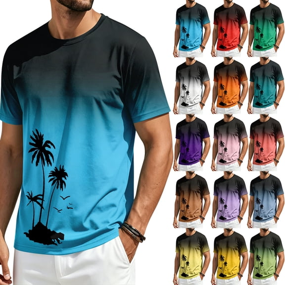 Mens Summer Shirts Short Sleeve Crew Neck Floral Gradient Tees Casual Beach Hawaiian Vintage T Shirts, M