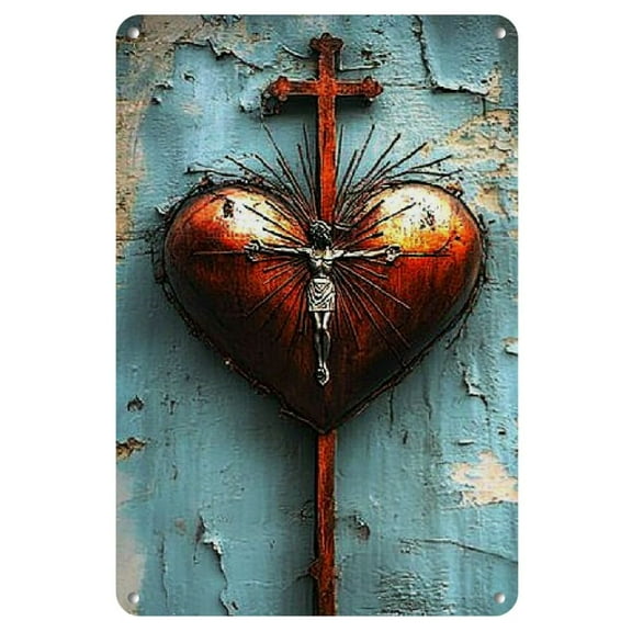 Vintage Sacred Heart Metal Iron Sign, 8x12 inches - Wall Art Decoration for Home Bars, Clubs, Outdoor Walls, Unique Gift for Man Enthusiasts, for Man Caving Enthusiast, Outdoor Wall Decor