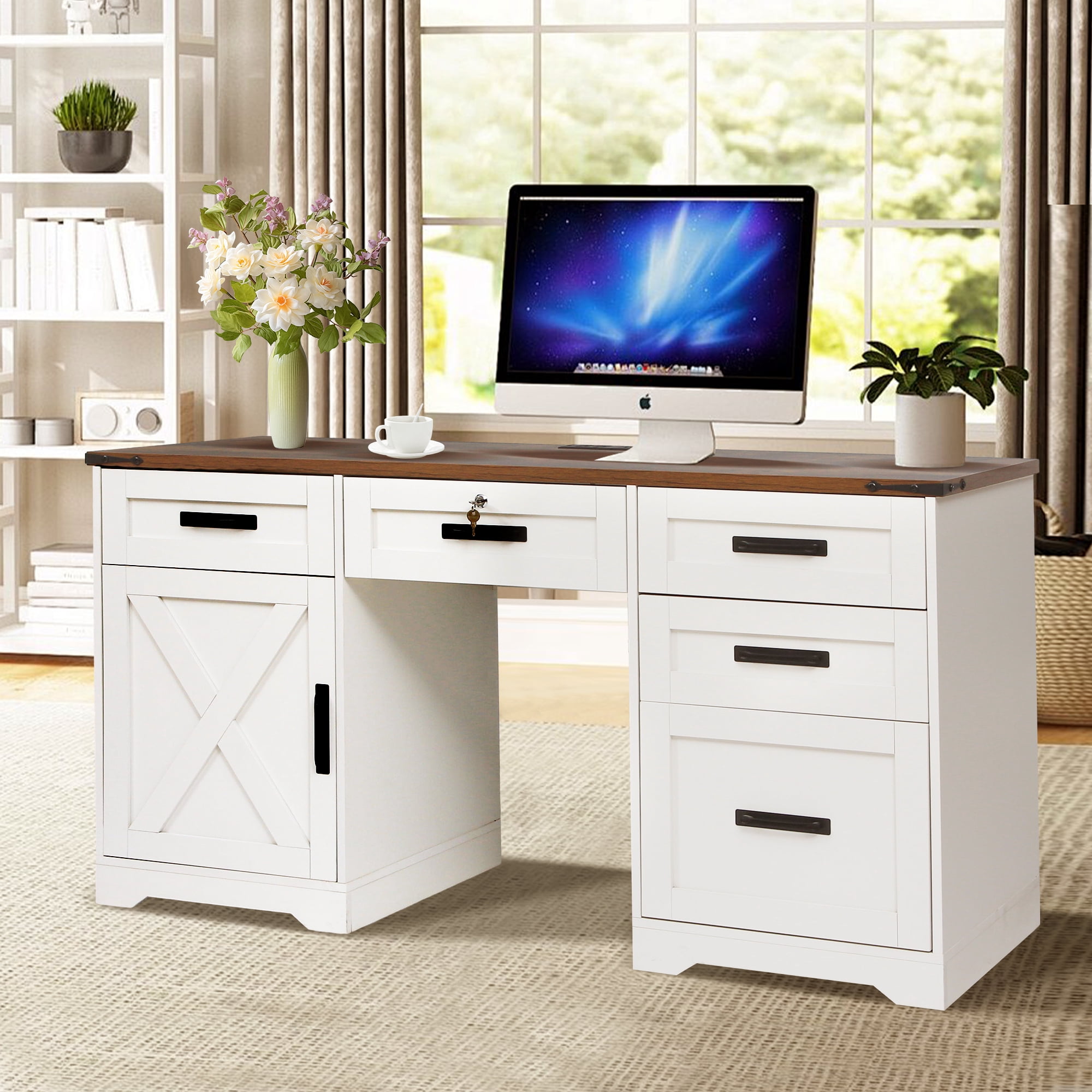 Magic Union 60" Farmhouse Executive Desk with Drawers, Wood Home Office Desk with Charging Station, Keyboard Tray, Computer Writing Desk with Filing Cabinet Drawers for Work Study, Antique White