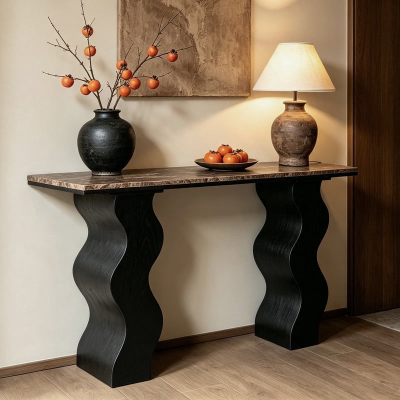 47.24" Modern Console Table, Accent Sofa Side Table with Two Wavy Legs, Entryway Display Table with Faux Marble Top