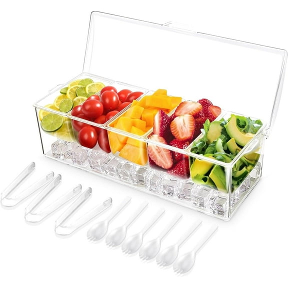 Chilled Condiment Server with Lid, Clear Condiment Tray with 6 Forks & 3 Clips, Chilled Serving Tray with Ice Chamber, 5 Removable Compartments Condiment Caddy Container for Party Salad Bar