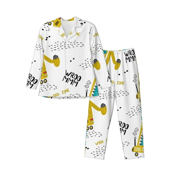 Logiee Dinosaur on Excavator Print Mens Long Sleeve Pajama Set,Notched Collar Pajamas for Men, Men's Sleepwear,Mens Sleepwear with Pockets & Button Down-Large