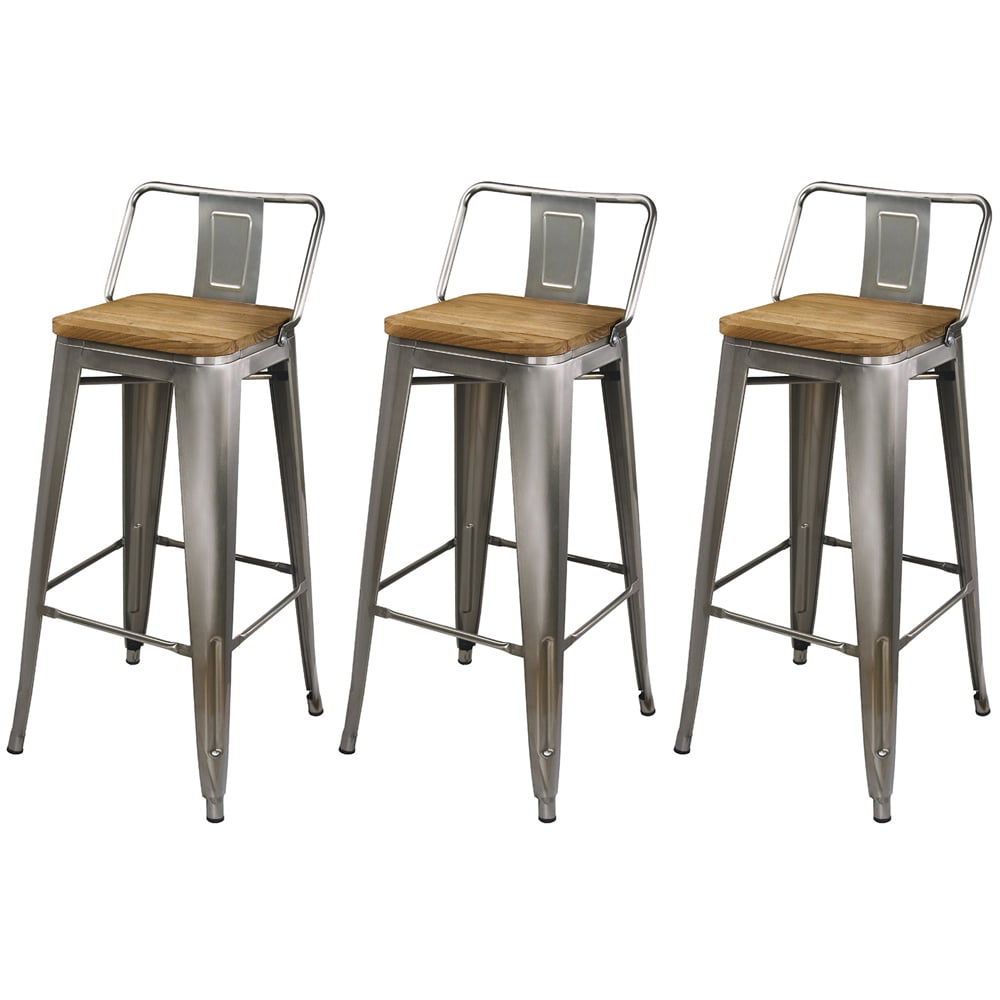 Leejay 30 inch Low Back Bar Height Metal Stools with Light Wood Seat