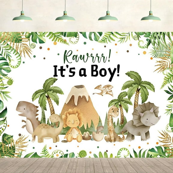 Dinosaur Baby Shower Backdrop It's A Boy Jungle Cartoon Dinosaur Photography Background Kids Dinosaur Themed Green Golden Leaves Party Supplies Banner Wall Decor Photo Studio Props