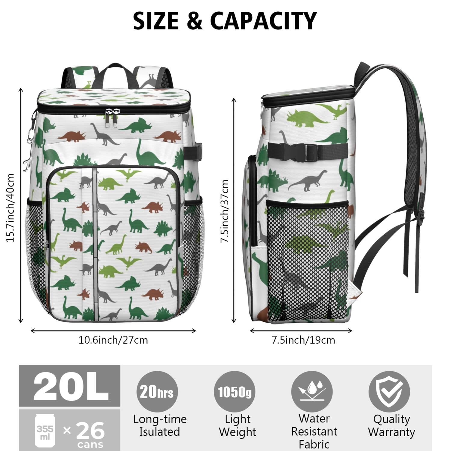 Travel Cooler Bag - White Dinosaurs Silhouette Pattern Camping Beer Cooler Backpack with Bottle Opener- Waterproof Insulated Picnic Backpacks - Cooler Bag for Beach