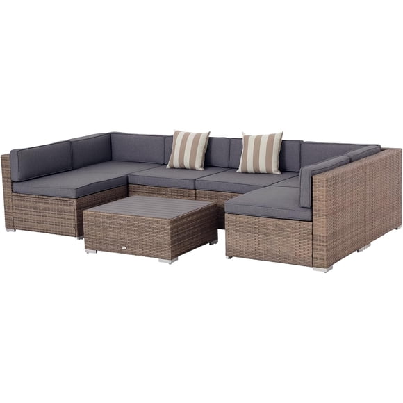 Ensemble de meubles de patio 7 pièces en rotin synthétique avec canapé sectionnel, table à lattes WPC, coussins et oreillers pour jardin, pelouse, terrasse, beige foncé et gris