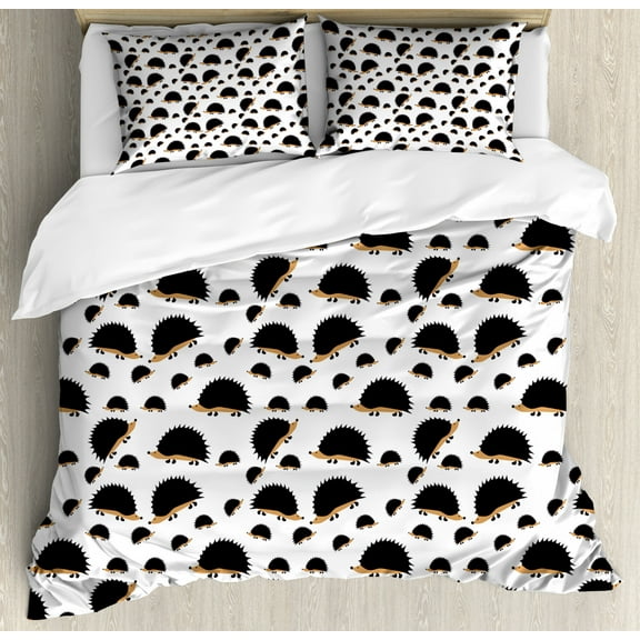Hedgehog Queen Size Duvet Cover Set, Disorderly Pattern with Repetitive Cartoon Porcupine Characters, Decorative 3 Piece Bedding Set with 2 Pillow Shams, Seal Brown Pale Brown White, by Ambesonne