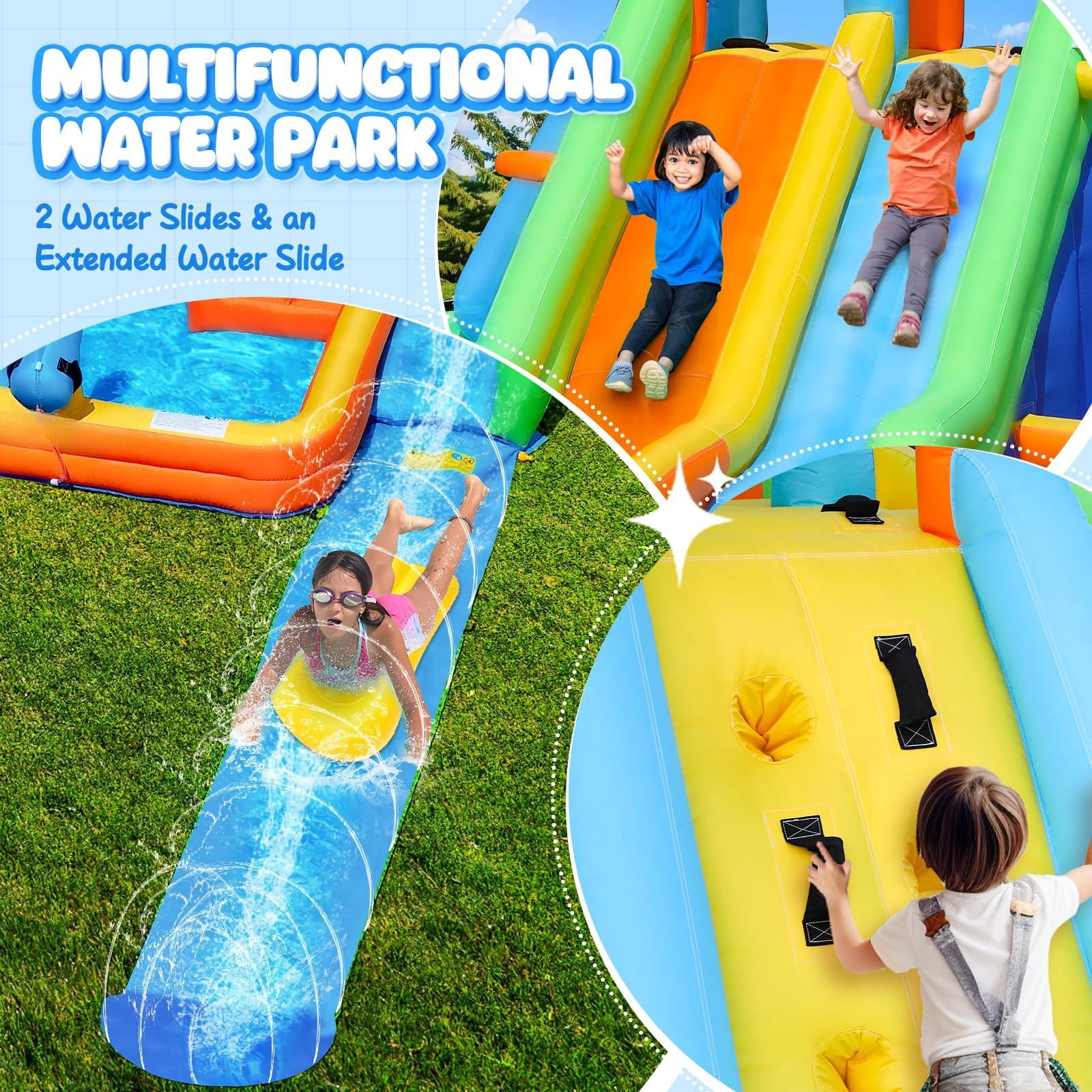 Inflatable Lawn Water Slide Park with Extend Splash Slide and Basketball Hoop