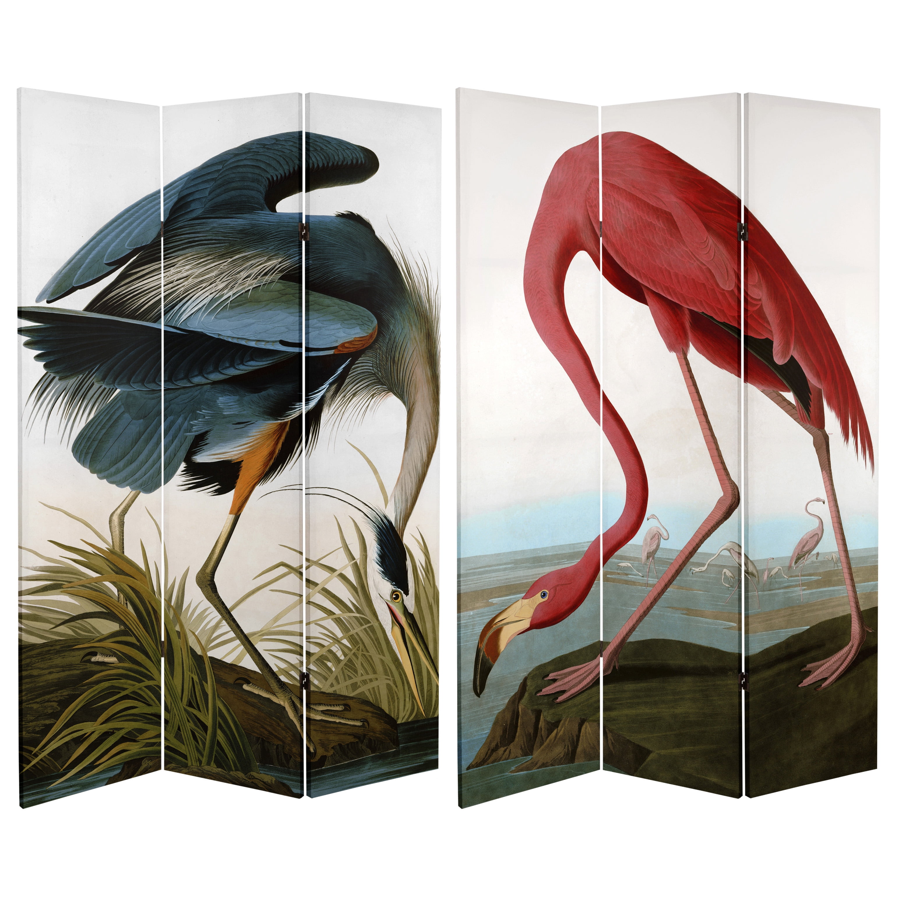 Oriental Furniture 6 Ft tall Double Sided Audubon Heron & Flamingo Canvas Room Divider, 3 panel