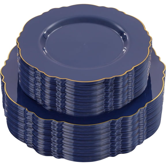 100pcs Blue Plastic Plates - Baroque Blue&Gold Disposable Plates for Parties/Wedding-50Plastic Dinner Plates 10.25in, 50Salad Plates 7.5in