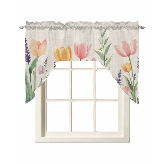 Spring Floral Swag Valances for Windows, Small Curtains Drapes, Pink Yellow Tulip Botanical Summer Kitchen Window Curtains Over Sink Rod Pocket Window Treatment Valance for Bedroom/Bathroom 56"x36"