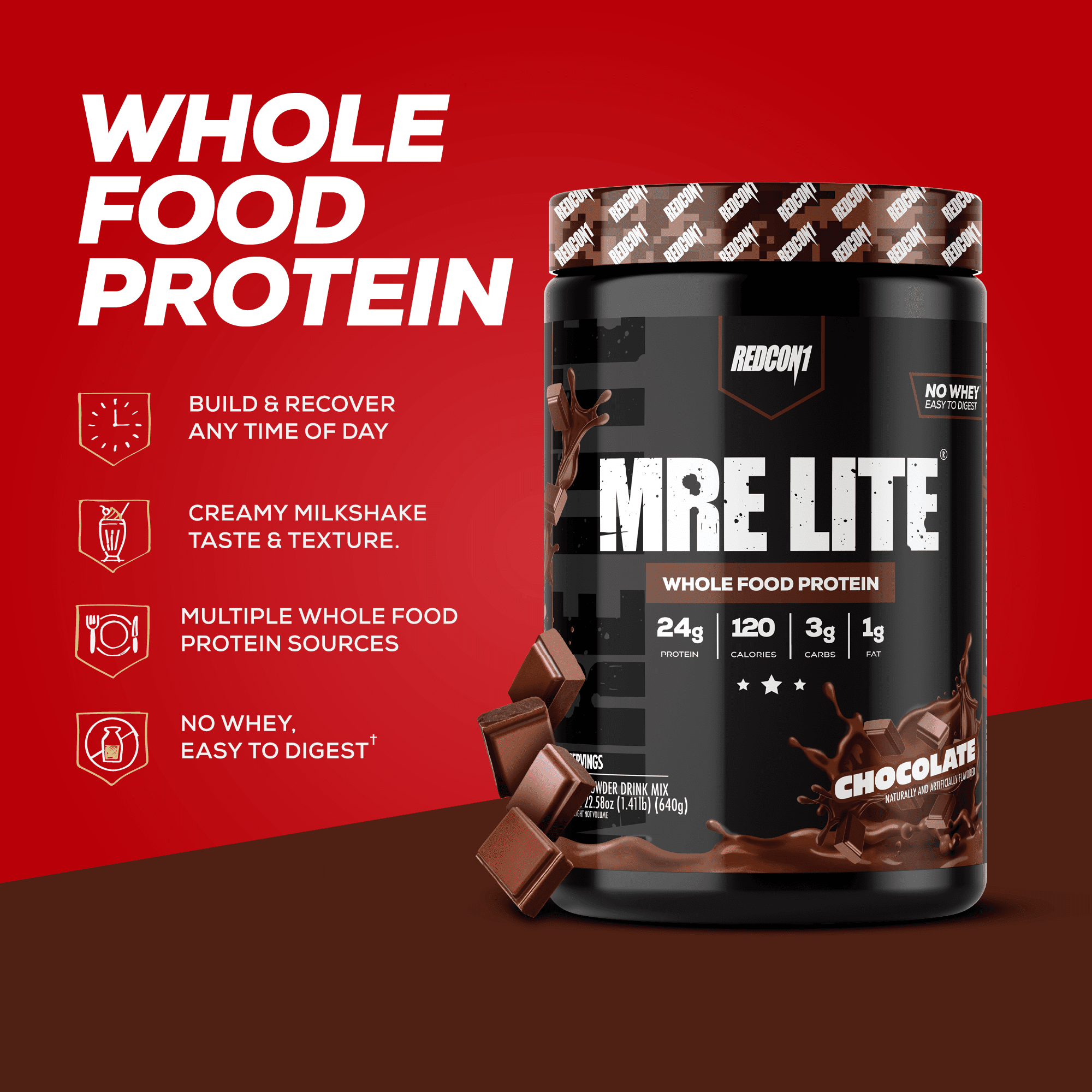 REDCON1 MRE Lite Whole Food Protein Powder, Chocolate, Whey & Lactose Free Meal Replacement, Easy to Digest, 20 Servings
