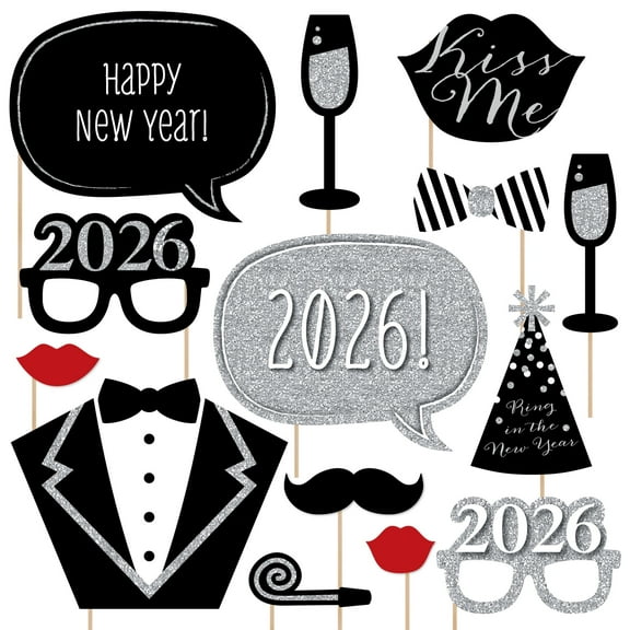 Big Dot of Happiness New Years Eve Party - Silver - 2026 New Year Party Photo Booth Props Kit - Party Decorations - 20 Count