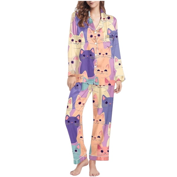 successthop Button Up Pajamas for Women Kitty Long Sleeve Lapel Nightwear and Pj Pant Print Sleepwear with Pockets 2XL