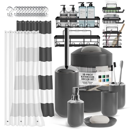 Lammaloe Gray Bathroom Accessories Sets and Shower Caddy for Bathroom Sets with Shower Curtain Sets for Bathroom Decor with Toothbrush Holder
