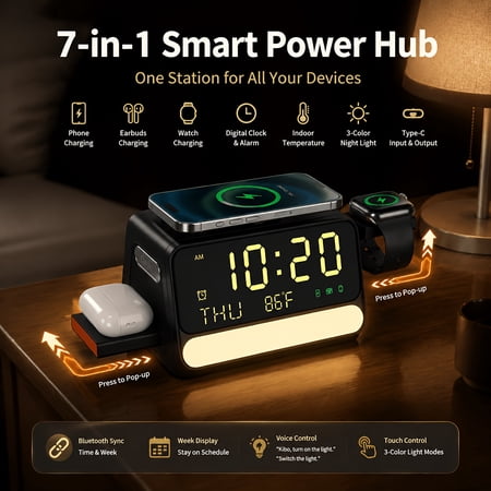 7-in-1 Wireless Charging Station, Voice Control Night Light & Alarm Clock, 15W Fast Charger for iPhone, Samsung, Smartwatches, Dimmable Multi-Device Charging Pad