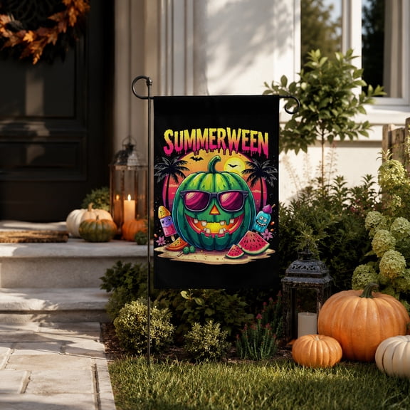 Summerween Party Decorations Garden Flag Spooky Halloween in Summer Beach Party Tropical Watermelon Pumpkin Lawn Yard Patio Front Outdoor Decor, 12 x 18 Inch