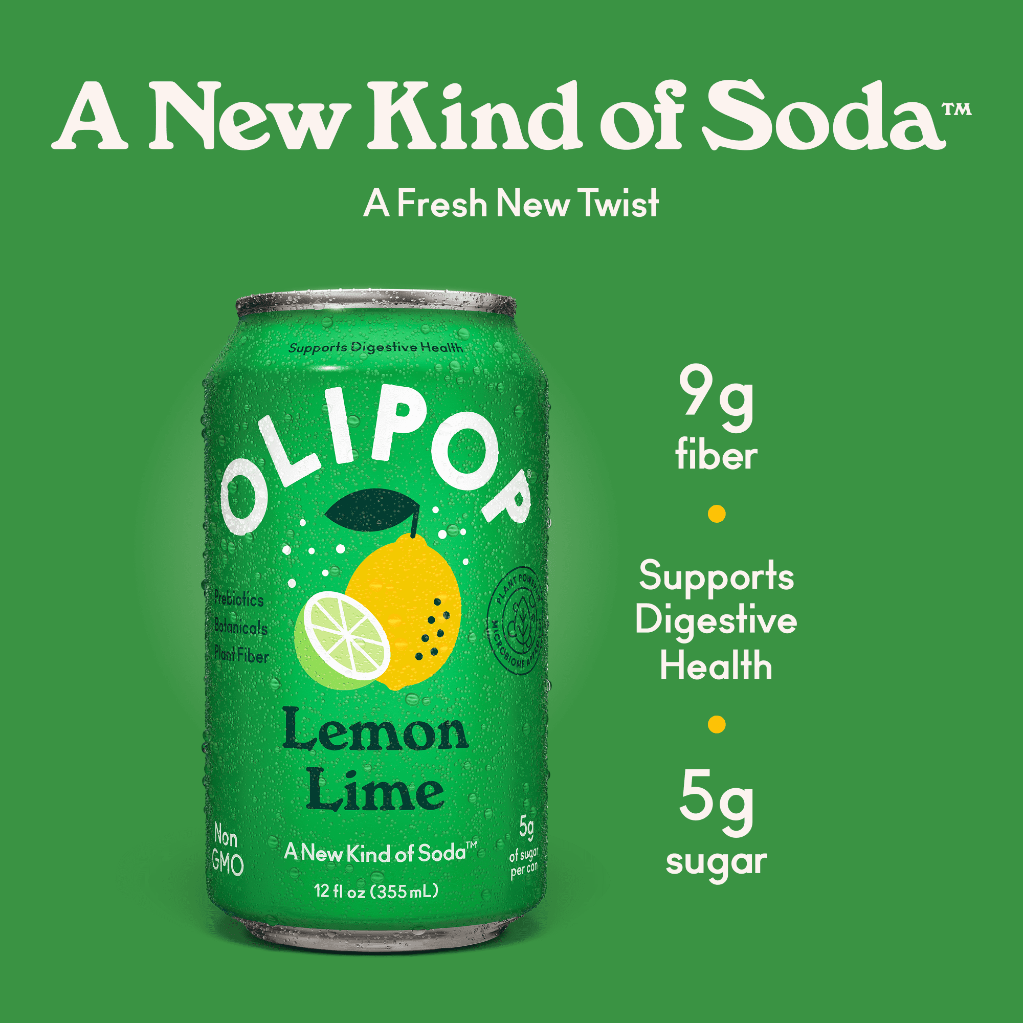 OLIPOP 9g Fiber Prebiotic Soda, Lemon Lime, 12 fl oz, Single, Refrigerated