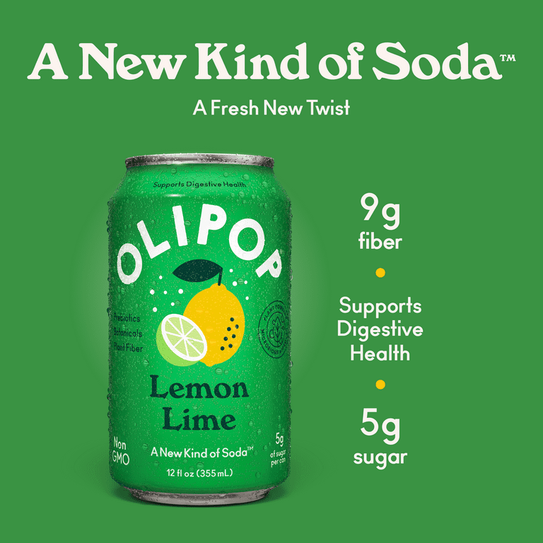 OLIPOP Prebiotic Soda, Lemon Lime, 12 fl oz, 12 Pack, Refrigerated