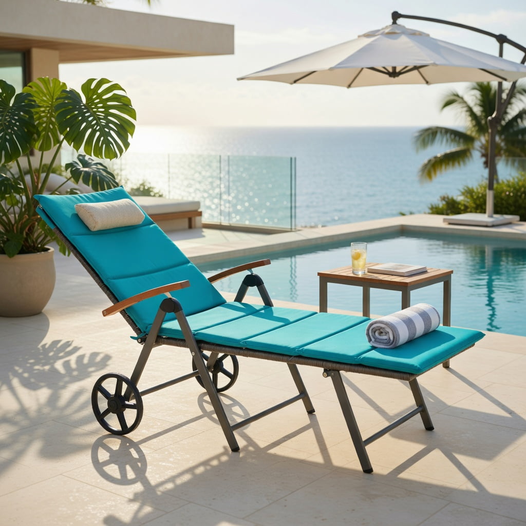 Hommoo Adjustable Outdoor Chaise Lounge Chair with PE Rattan & Cushion, Foldable, Wheeled, Turquoise