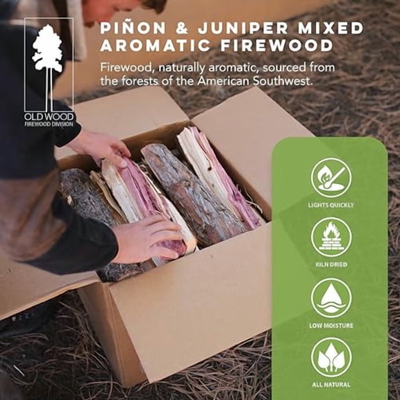 Old Wood Piñon & Juniper Firewood Box - Aromatic Blend for Indoor/Outdoor Use, 13-14 Inch Logs, Southwest Scent - Ideal for Fireplace, Fire Pit, Campfire & BBQ - Approximately 70 P