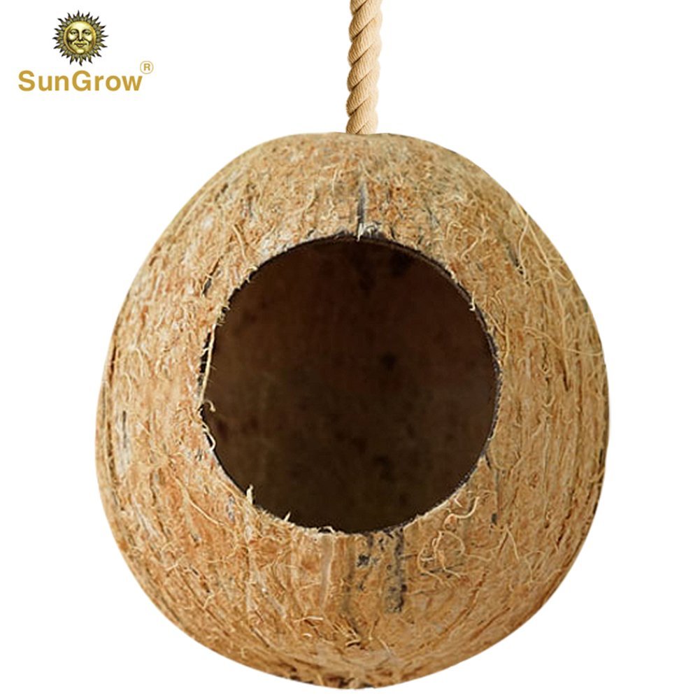 SunGrow Finch & Budgie Coconut Shell Breeding Nest & Bird Seed Storage, Shelter from Cold Weather & Tropical Garden Decor