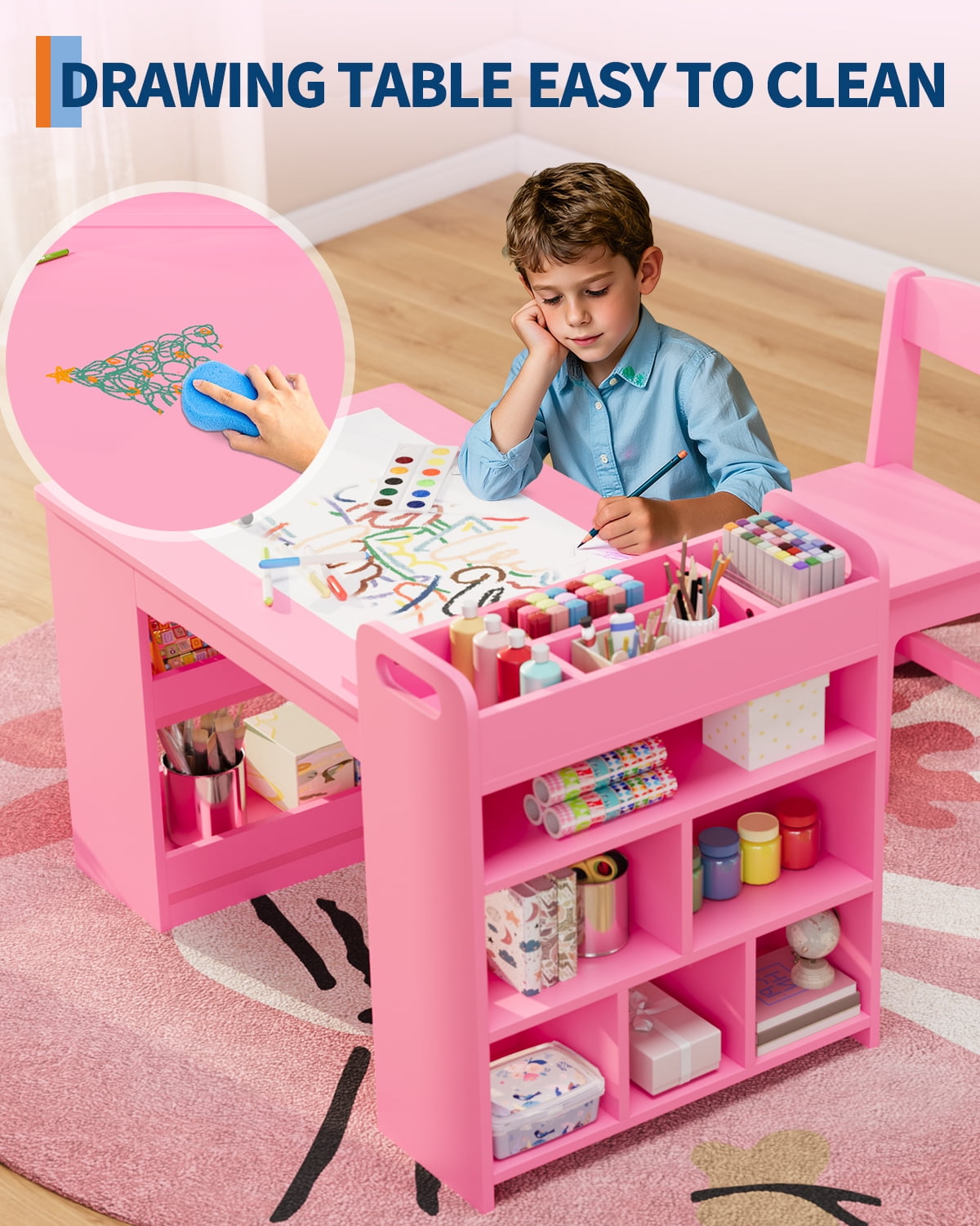 Kids Art Table and Chair Set with Storage Shelves & Paper Roll – Large Wooden Toddler Desk for Drawing, Painting, Learning – Ideal for Home, Playroom, or Study Area – Pink