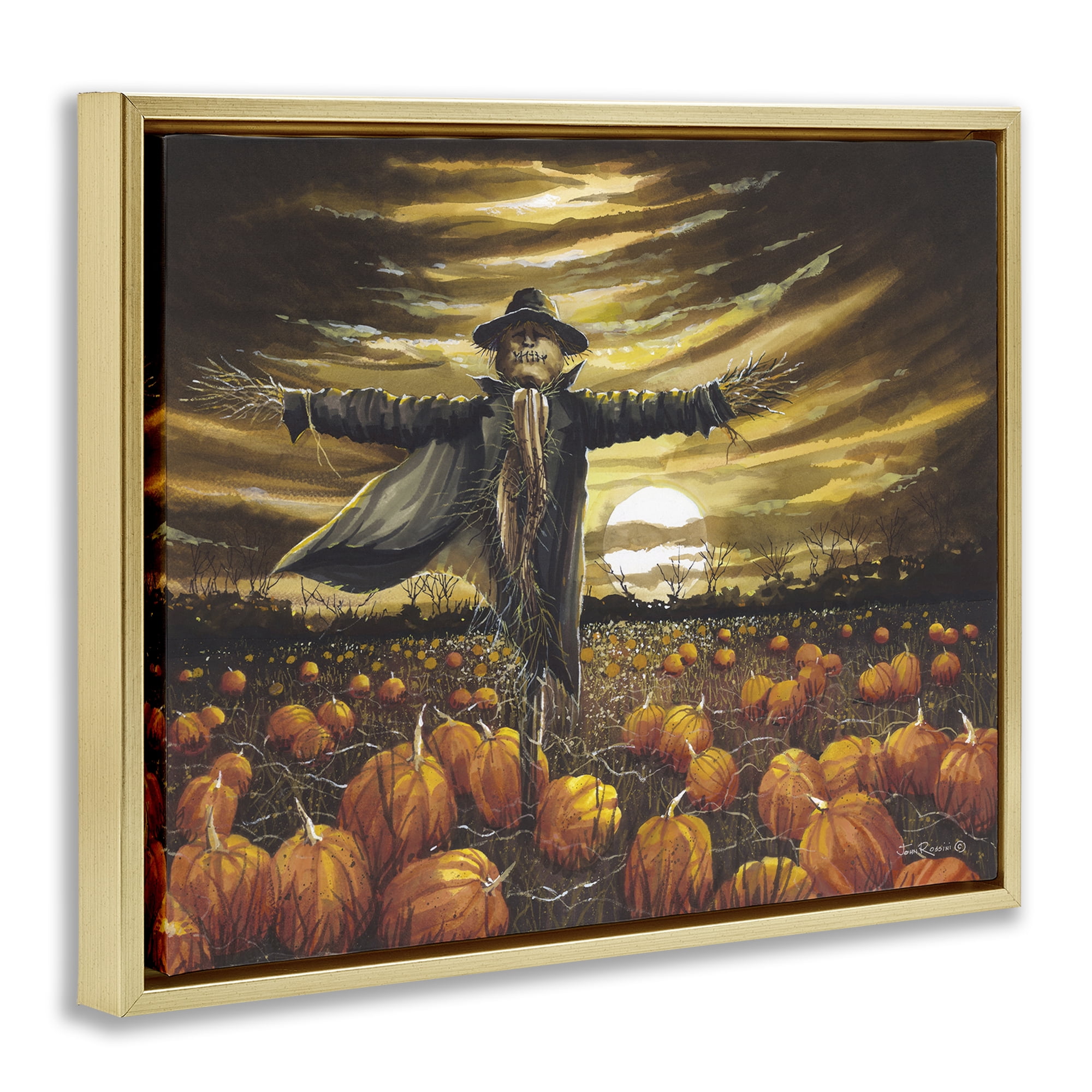 Stupell Industries Scarecrow in Pumpkin Field Holiday Painting Gold Floater Framed Canvas Art Print Wall Art, 21 x 17