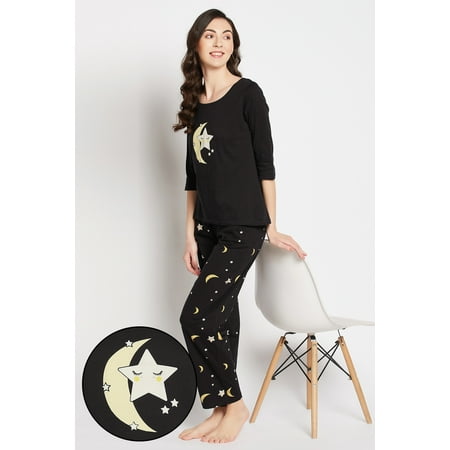 

Star & Moon Print Top & Pyjama Set in Black - 100% Cotton