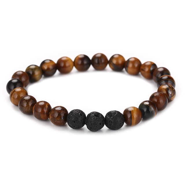 Xiao Hua Pulsera de cuentas hecha a mano, ideal para hombres y mujeres, con cuentas de piedra volcánica natural (marrón y negro).