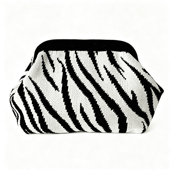 OQRKI Zebra Print Clutch Purse for Women,Knit Crochet Striped Evening Bag | White and Black Dumpling Handbag,Crossbody Cloud Clutch Bag,For Summer Beach,Party
