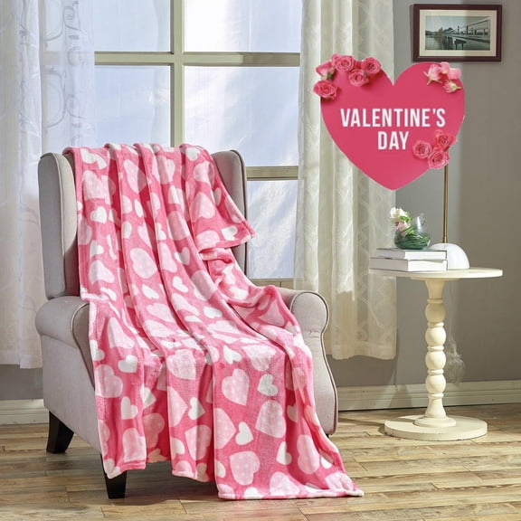 Heart Plush Throw Blanket, Soft Pink Valentine’s Day Blanket, Cozy Polyester Throw for Couch Sofa Bed, Romantic Home Decor Gift for Her,Blanket