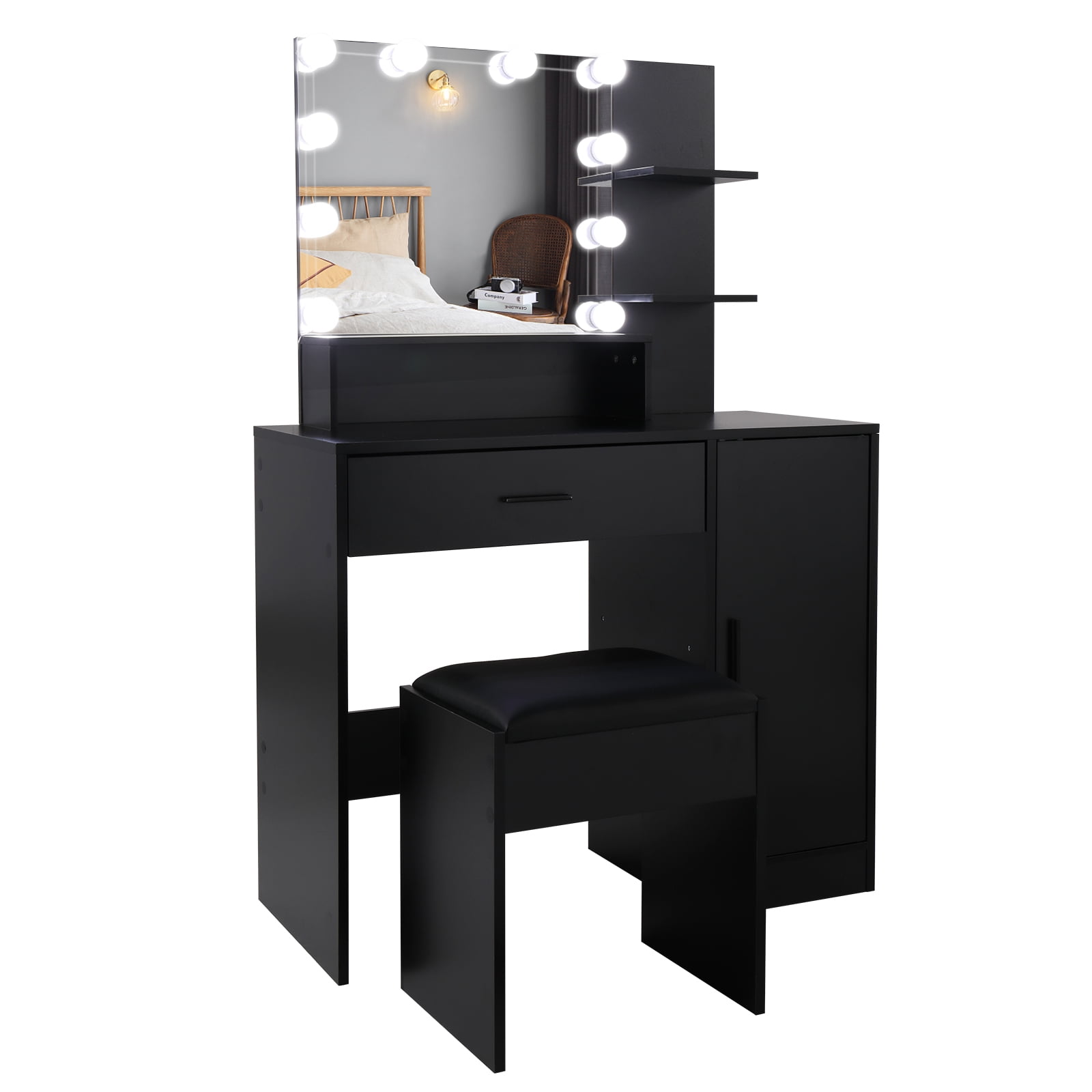 YYAo Farmhouse Vanity Desk Set, Makeup with Lighted Mirror and Stool, Dressing Table with Drawers and Storage Shelves for Bedroom, Black YYAo Farmhouse Vanity Desk Set, Makeup with Lighted Mirror and Stool, Dressing Table with Drawers and Storage Shelves for Bedroom, Black
