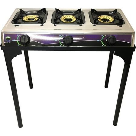 Heavy Duty Three Burner Propane Gas Stove Outdoor Cooking Butane Gas Stove Full Stainless Steel Body Electronic Ignition Available without or with Black Metal Stand (THREE BURNER STOVE WITH