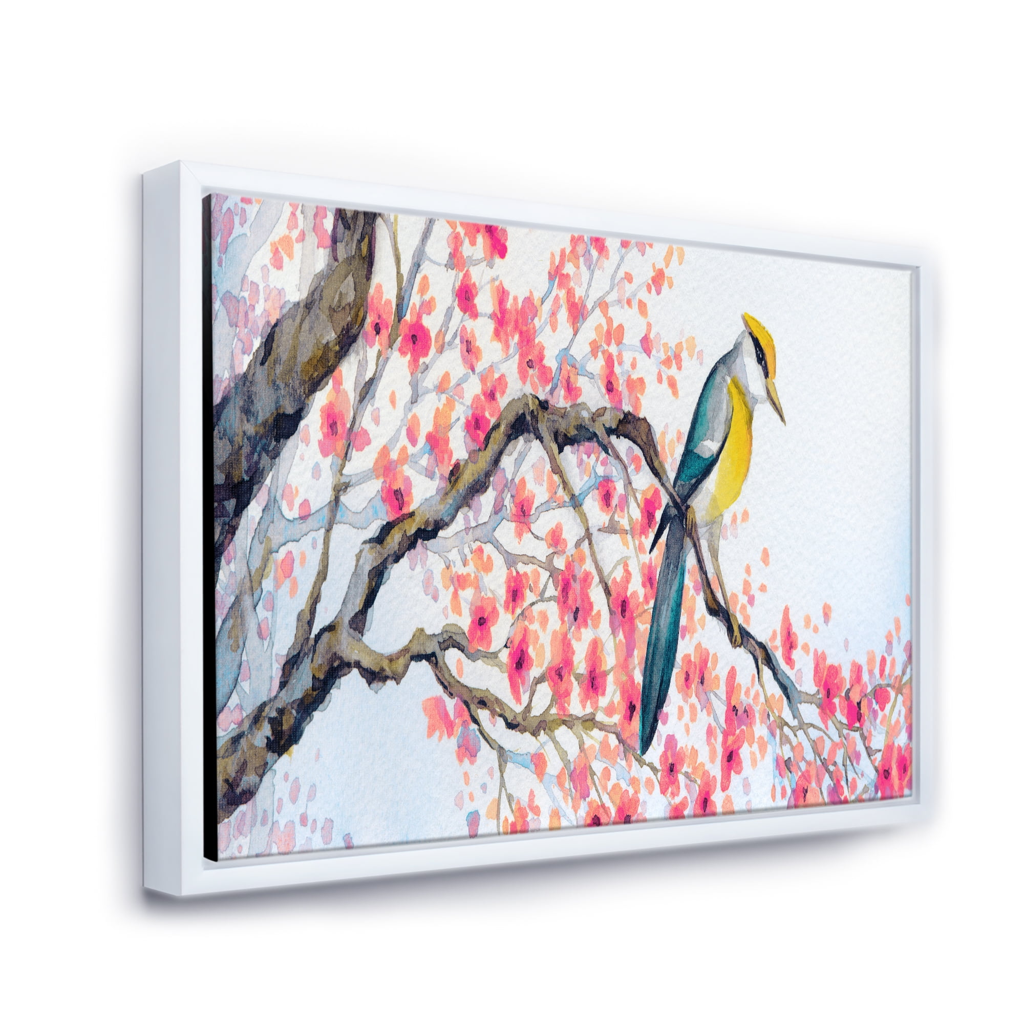 Designart 'Beautiful Pink Bird Sitting On Flowering Branch I' Traditional Framed Canvas Wall Art Print