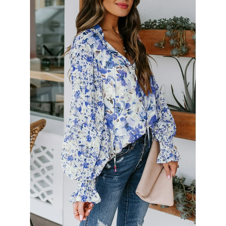 EVALESS Women's Bohemian Spring Tops, Floral Printed V Neck